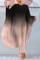Черный абрикосовый повседневный принт с постепенным изменением и плиссированными длинными платьями с круглым вырезом