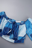 Синий Повседневный принт Пэчворк Разрез с открытыми плечами Длинный рукав Из двух частей