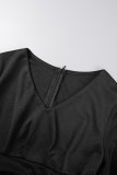 ブラック カジュアル ソリッド パッチワーク スリット Vネック ロングスリーブ ドレス