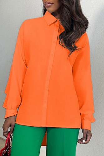 Top colletto camicia patchwork tinta unita casual arancione
