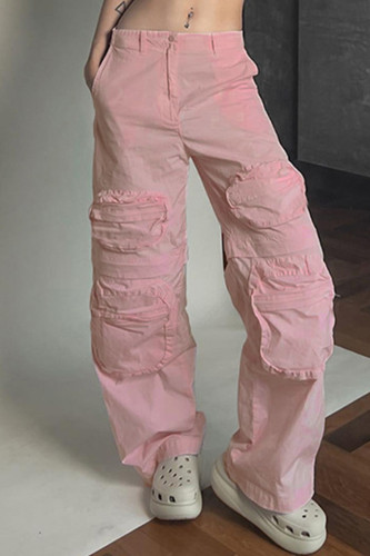 Pink Casual Solid Patchwork Straight Low Waist Conventional Solid Color Trousers