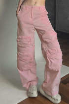 Pantaloni tinta unita convenzionali a vita bassa dritti patchwork solidi casual rosa