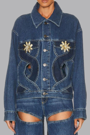 Blue Casual Color Lump Solid Hollowed Out Buttons Metal Accessories Decoration Turndown Collar Long Sleeve Regular Denim Jacket