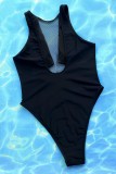 黒のセクシーなソリッドくり抜きパッチワーク シースルー バックレス水着 (パッド付き)