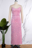 Roze sexy effen pailletten ontwerp met hoge opening, spaghettibandjes, onregelmatige jurkjurken