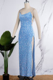 Blauwe sexy effen pailletten ontwerp met hoge opening, spaghettibandjes, onregelmatige jurkjurken