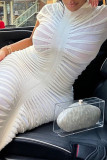 ホワイトエレガントなソリッドパッチワークシースルーフォールドハーフタートルネックラップスカートドレス