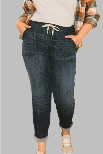 Preto casual sólido fazer velho retalhos cordão cintura média reta jeans jeans