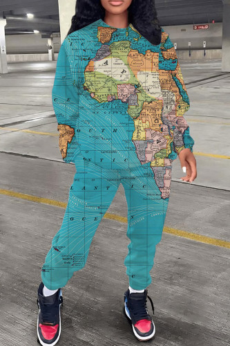 Blue Casual Graphcis Print Long Sleeve Hooded Collar Sweatshirt And Pants Sportwear Plus Size Two Piece Jogger Set