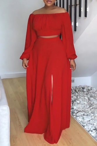 Red Casual Solid Patchwork Slit O Neck Long Sleeve Two Pieces
