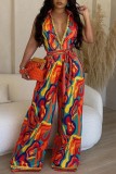 Geel Casual Print Patchwork V-hals Normale jumpsuits