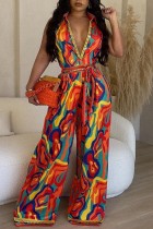 Rode casual print patchwork V-hals normale jumpsuits