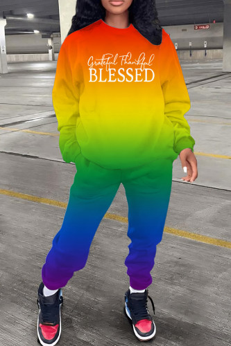 Orange Yellow Casual Graphcis Print Long Sleeve Hooded Collar Sweatshirt And Pants Sportwear Plus Size Two Piece Jogger Set