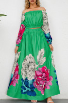 Verde vintage elegante estampa floral patchwork sem costas ombro a ombro manga comprida duas peças