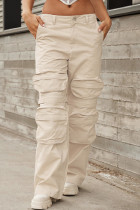 Khaki Casual Solid Patchwork Straight Low Waist Conventional Solid Color Trousers