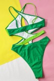 Groene sexy patchwork uitgeholde rugloze contrasterende badkleding (met vulling)