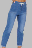 Azul escuro Casual Sólido Make Old Patchwork Draw String Cintura Média Jeans Reto