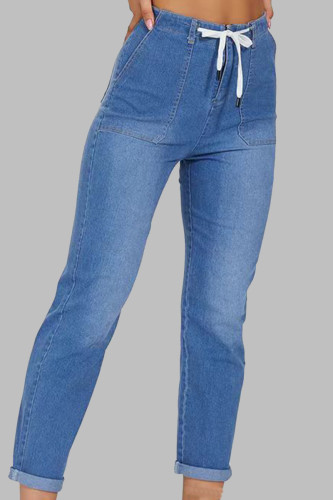 Голубые повседневные однотонные прямые джинсовые джинсы средней талии в стиле пэчворк со шнуровкой