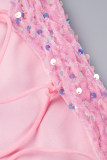 Розовые сексуальные однотонные блестки с высоким открытием на бретельках Нерегулярные платья на бретельках