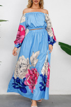azul vintage elegante estampado floral patchwork sin espalda fuera del hombro manga larga dos piezas