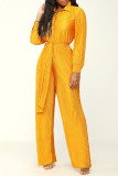 Yellow Casual Solid Patchwork Turndown Collar Regular Jumpsuits