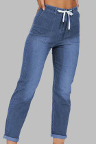 Azul escuro Casual Sólido Make Old Patchwork Draw String Cintura Média Jeans Reto