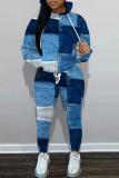 Синий Повседневный принт Пэчворк Воротник с капюшоном Длинный рукав Из двух частей