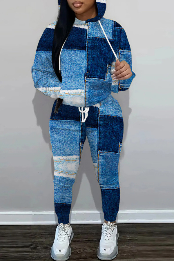 Estampado casual patchwork cuello con capucha manga larga dos piezas azul oscuro