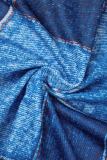 Blauwe casual print patchwork gleuf off-shoulder lange mouw tweedelig
