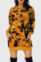 オレンジ カジュアル プリント ベーシック フード付き カラー 長袖 ドレス