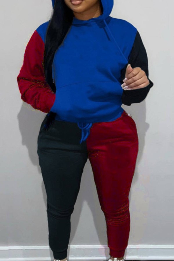 Due pezzi manica lunga colletto con cappuccio basic stampa casual blu