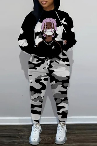 Black Casual Letter Print Long Sleeve Hooded Collar Sweatshirt And Pants Sportwear Plus Size Two Piece Jogger Set