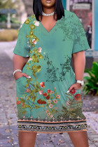 Grön Casual Print Patchwork V-ringad kortärmad klänning
