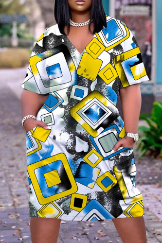 Blue Yellow Casual Print Patchwork V Neck Short Sleeve Dress