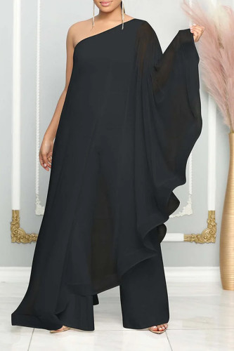 Black Casual Daily Elegant Patchwork Solid Color One Shoulder Regular Jumpsuits