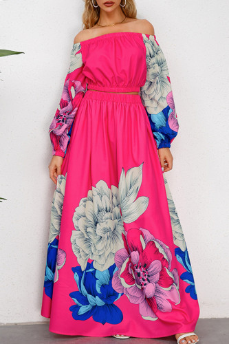 Red Vintage Elegant Print Floral Patchwork Backless Off the Shoulder Long Sleeve Two Pieces