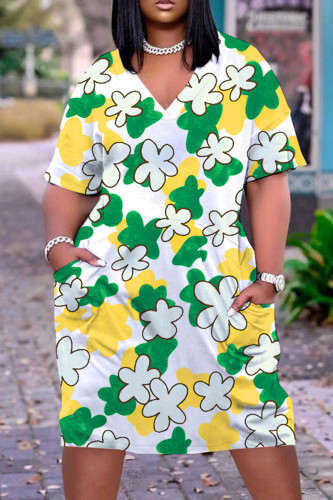 White Yellow Casual Print Patchwork V Neck Short Sleeve Dress