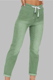 Dunkelblaue, lässige, solide, Patchwork-Jeans mit Kordelzug und mittlerer Taille und geradem Schnitt