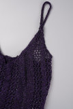 Vestido de cabestrillo con cuello en U y abertura sin espalda transparente ahuecado sólido sexy púrpura (con mangas)