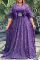 Фиолетовые повседневные элегантные однотонные кружевные сетчатые платья трапециевидной формы с круглым вырезом больших размеров (без пояса)