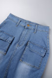Blaue, lässige, solide Patchwork-Jeansröcke mit Knöpfen und hoher Taille