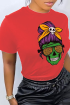 Röd Daily Print Skull Patchwork O-hals T-shirts