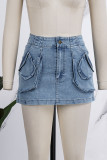 Royal Blue Casual Solid Patchwork High Waist Skinny Cargo Denim Mini Skirts
