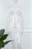 White Sexy Patchwork Hot Drilling See-through Asymmetrical Half A Turtleneck Long Sleeve Dresses