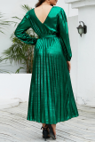 Green Elegant Bronzing Frenulum Fold Reflective V Neck Pleated Dresses(With Belt)