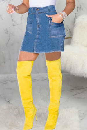 Blue Casual Solid Patchwork Buttons High Waist Skinny Cargo Denim Mini Skirts