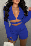 Blue Sexy Street Solid Patchwork Pocket Turn-back Collar Straight Rompers