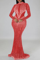 Красное сексуальное лоскутное горячее сверление прозрачное длинное платье с высоким воротником