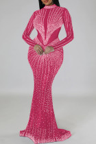 Розово-красное сексуальное лоскутное горячее сверление прозрачное длинное платье с высоким воротником