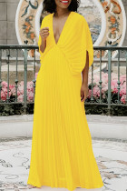 Gelbe, lässige, einfarbige, plissierte Patchwork-Kleider mit V-Ausschnitt